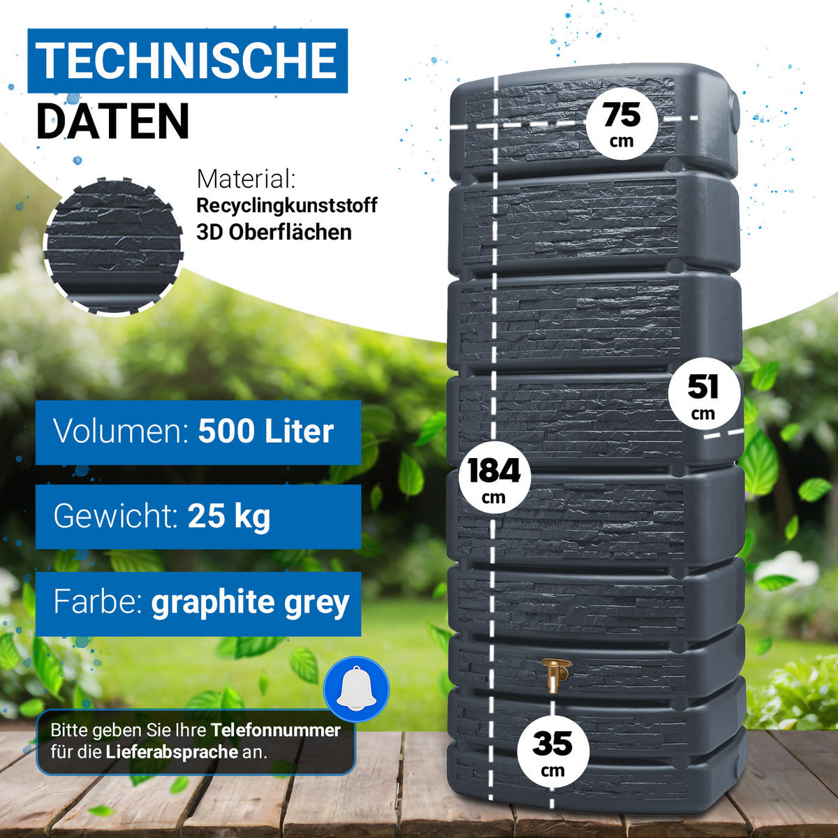WANDTANK 500 L, graphite grey - Grau, Kunststoff (75/184/51cm) - 4rain