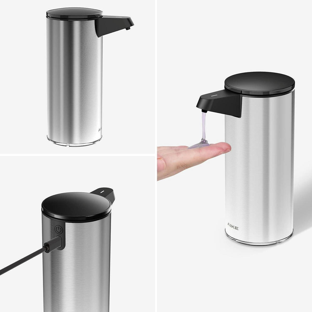 SEIFENSPENDER Automatisch Edelstahl mit Sensor 280ml USB-Aufladung Gebürstet - Silberfarben, Metall (8/18.5/12cm)