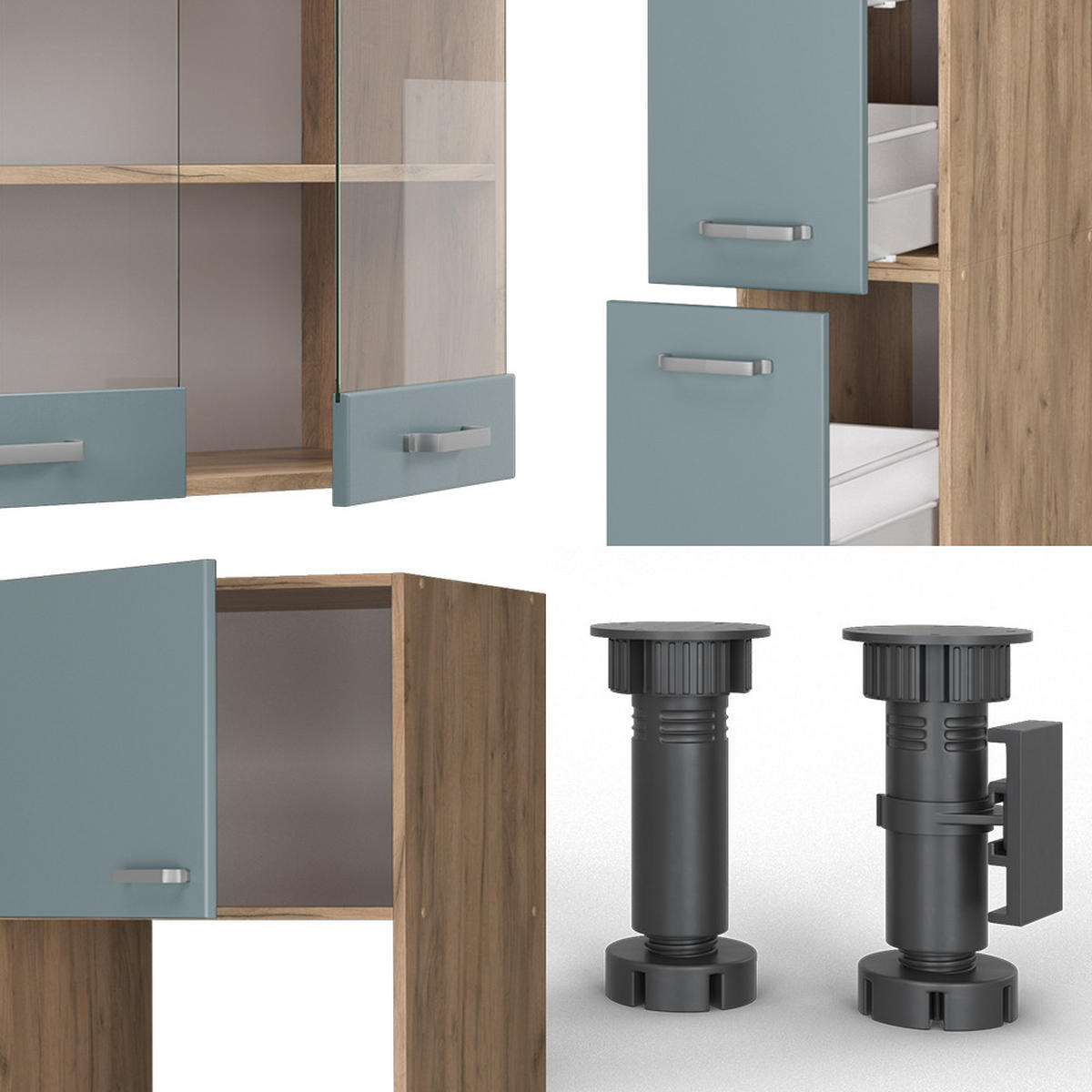 KÜCHENZEILE R-Line Blau-Grau/Goldkraft Eiche 350 cm mit Hochschrank AP Anthrazit - Eiche Wotan/Blaugrau, Holzwerkstoff (350/81.6/60cm) - Vicco