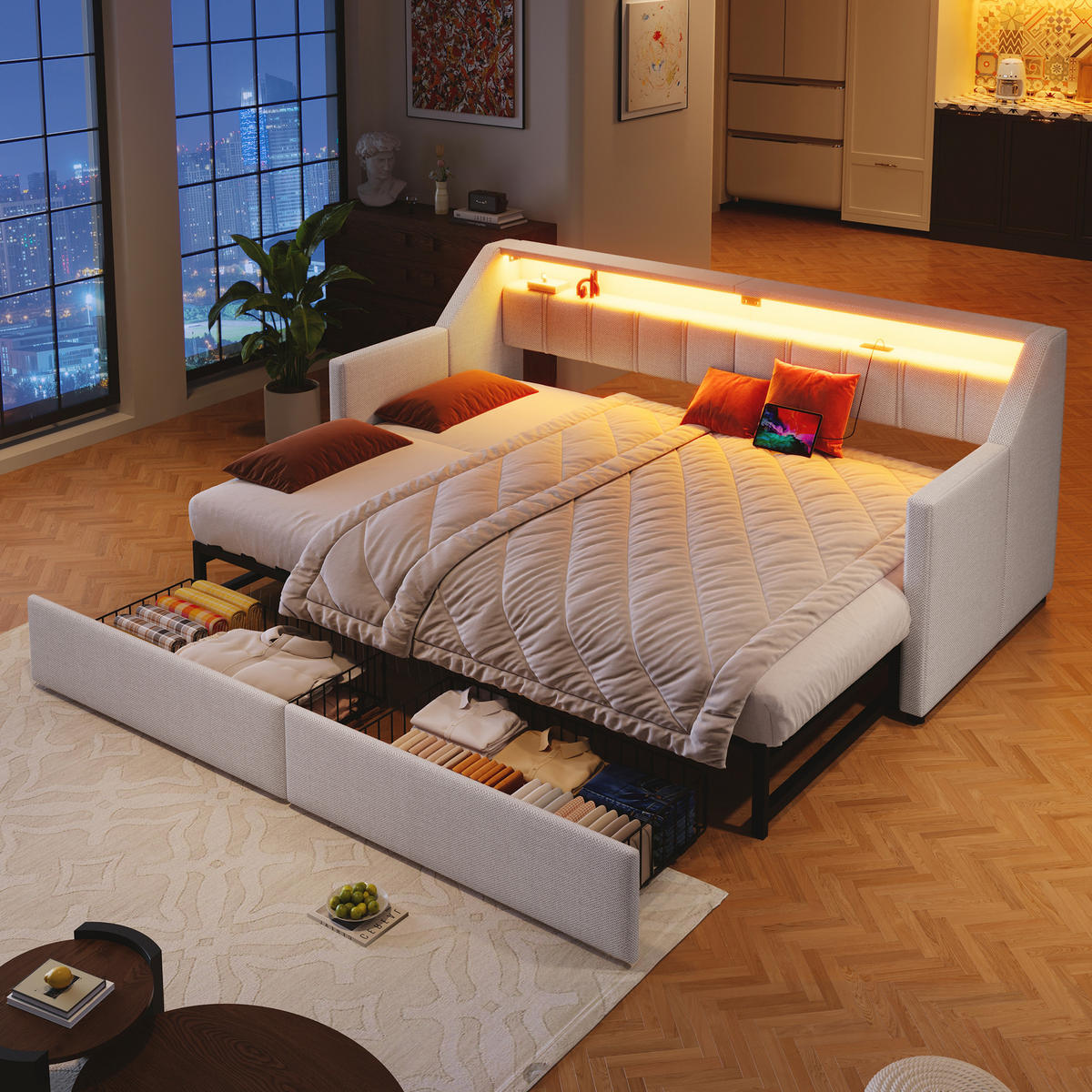 MULTIFUNKTIONSBETT 90/200 cm Beige mit LED-Beleuchtung mit USB- und Type-C-Anschlüssen - Beige, Textil (90/200cm) - OKWISH