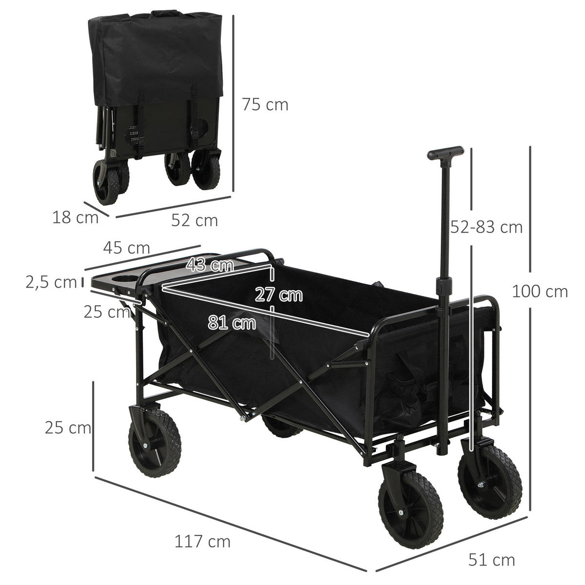 GARTENWAGEN DE-18769 4 Räder, Teleskopgriff & klappbare Ablage Schwarz - Schwarz, Metall (51/100/117cm) - ComfortXL