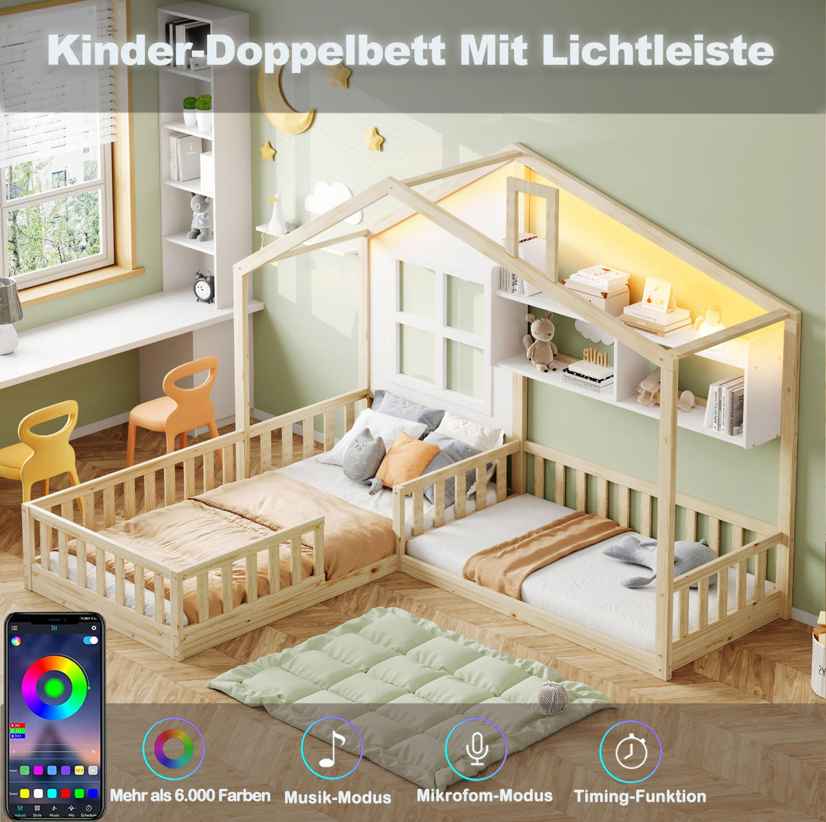HAUSBETT 90/200 cm in Natur/Weiß aus Massivholz/MDF mit LED und Regalen - Naturfarben, Holz (90/200cm) - OKMYHOME