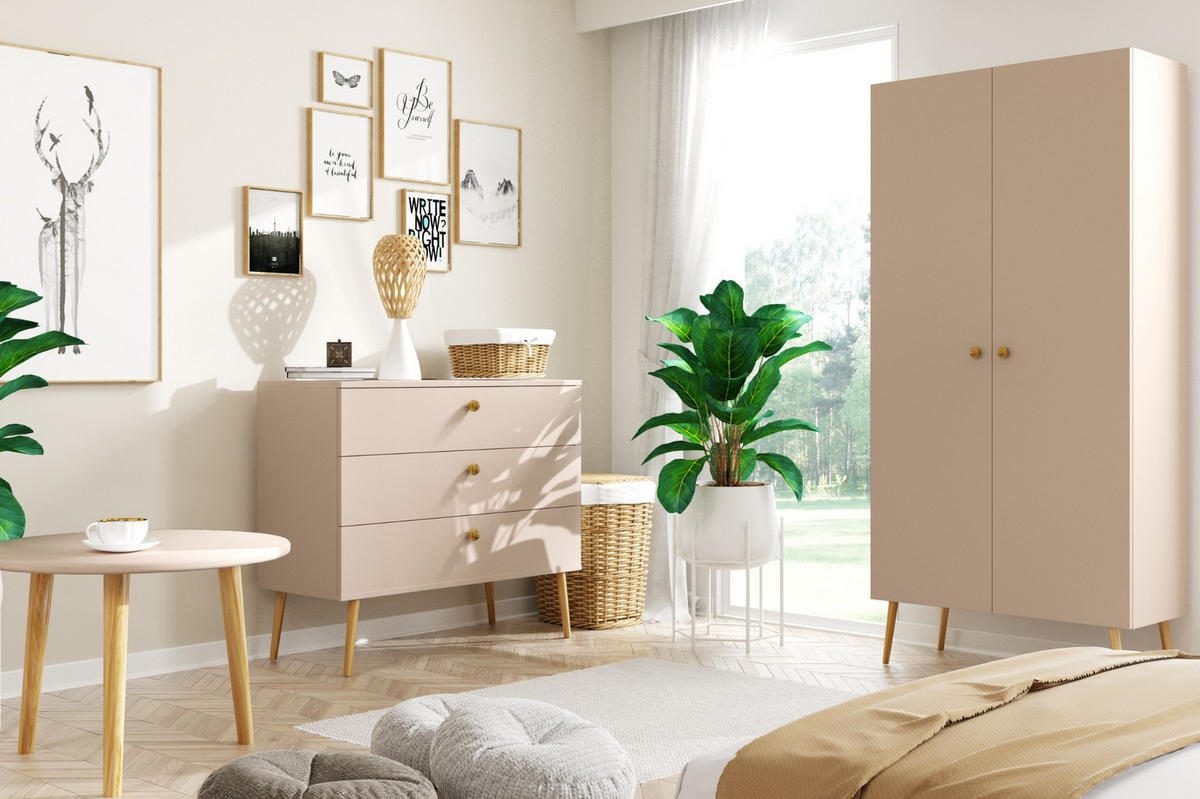 SCHRANK Macchiato Boho Tiefe Holzbeine 5 Regale - Beige, Holzwerkstoff (87/212/41cm) - Sepro Meble