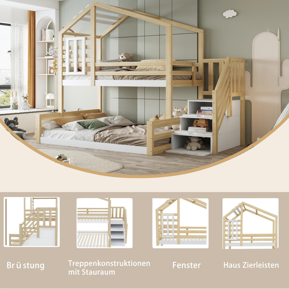 ETAGENBETT 90/200 cm in Natur mit Hausdesign, Fenster und Stauraumtreppe - Naturfarben, Holz (90/200cm) - OKMYHOME