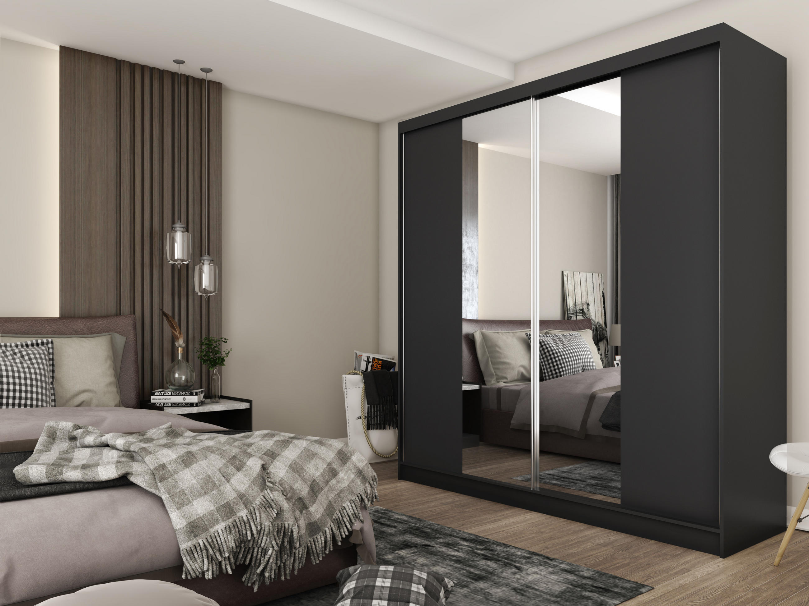 SCHWEBETÜRENSCHRANK LUCENZA 200/216/61 cm 2-türig mit Spiegel Schwarz - Schwarz, Holzwerkstoff (200/216/61cm) - MASSENO