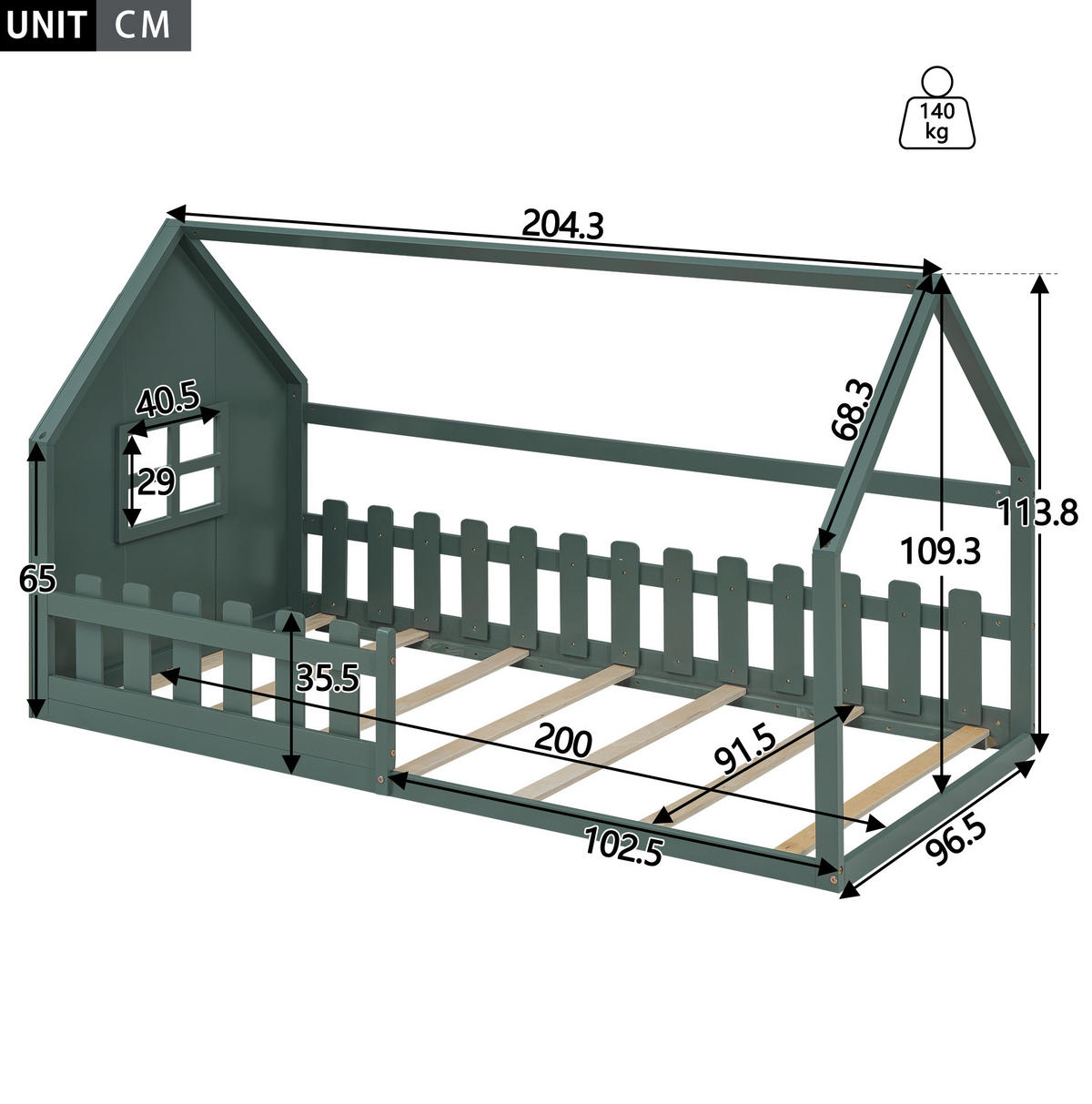 HAUSBETT 90/200 cm Grün aus Kiefer und MDF – Kinderbett im Hausdesign - Grün, Holz (90/200cm) - Flora Grace