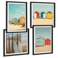 BILDER SET 4er Set - 50x50 cm & 40x60 cm Schwarzer Rahmen - Bunte Häuser, Strand, Sonne - Schwarz, Kunststoff (50/50cm) - TULUP