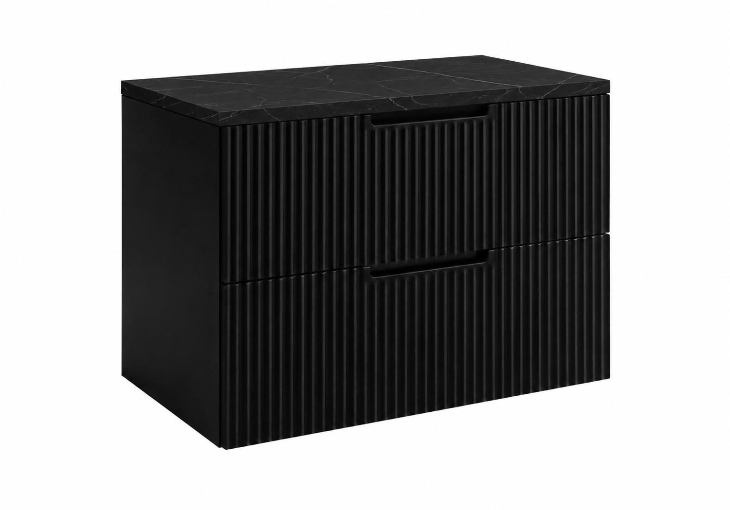 BADEZIMMERSCHRANK hängend 80 mit Schubladen, Korpus in Schwarz + Platte in Marmor Black Royal, mit Griffen, 80 x 46 x 58,6 cm - Schwarz, Holzwerkstoff (80/58.6/46cm) - 3XE LIVING