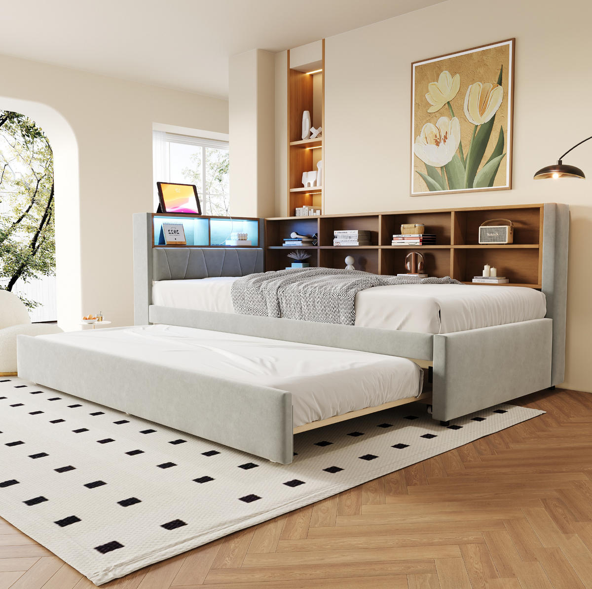 BETT 90/200 cm mit Ausziehbett, LED und Stauraum in Hellgrau - Hellgrau, Textil (90/200cm) - BEAOK