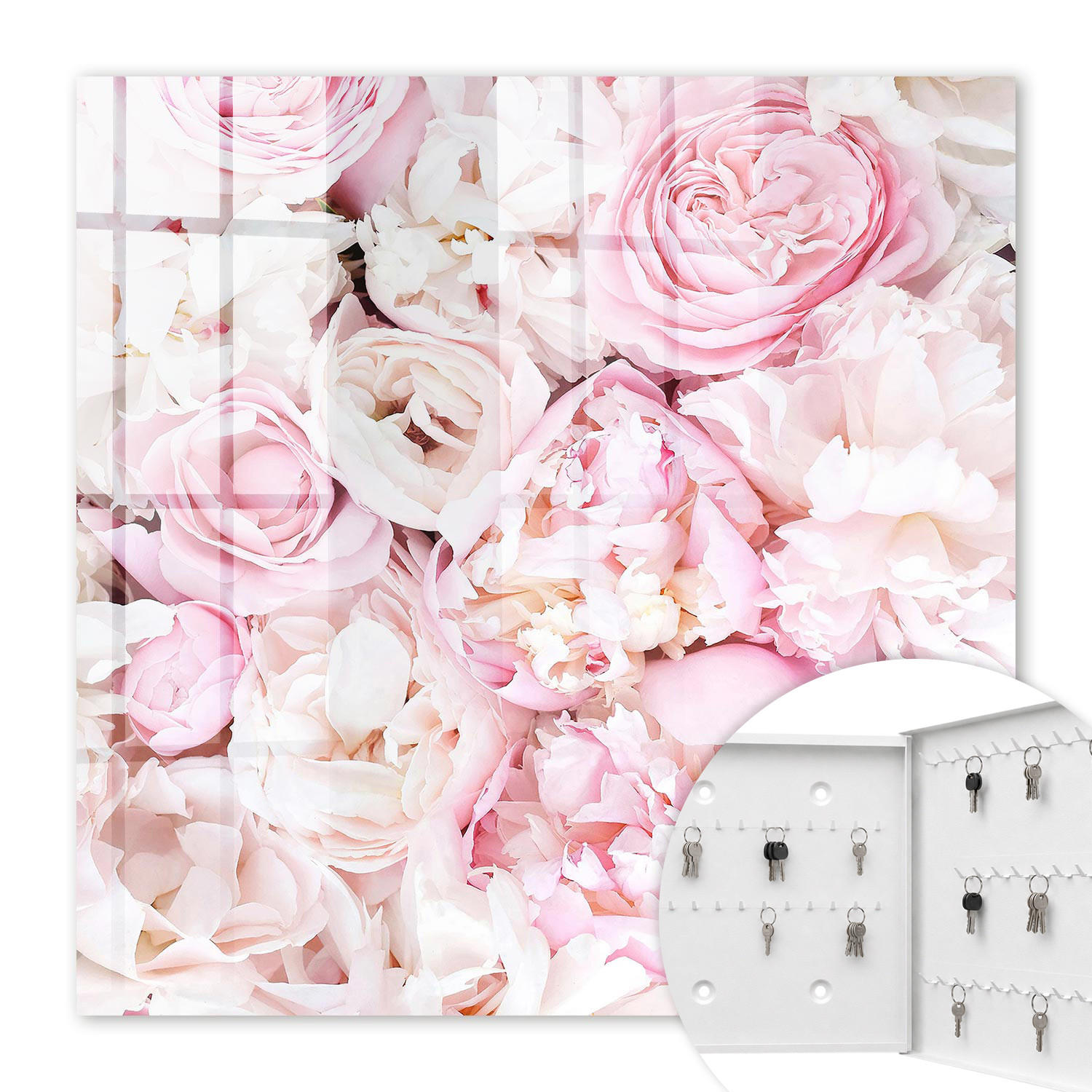 SCHLÜSSELBOX Weiß 30x30 cm – Türöffnung nach rechts - Pastellblumen - Pink, Metall (30/30/5cm) - TULUP