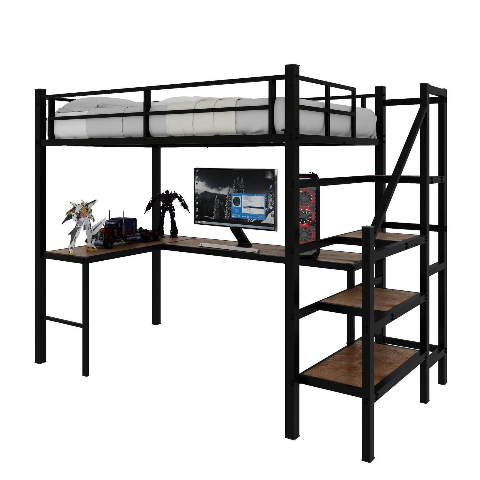 HOCHBETT mit L-förmigem Schreibtisch und Treppe Metall Schwarz - Schwarz, Holz (90/190cm) - Meubliv