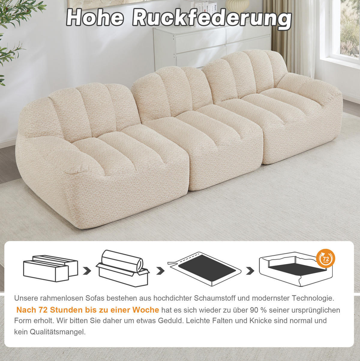 MODULARES Ecksofa mit granuliertem Fleece in Beige-Weiß 288x104x79 cm, flexibel stellbar mit Ottomane - Creme, Textil (104/79/288cm) - IVMEU