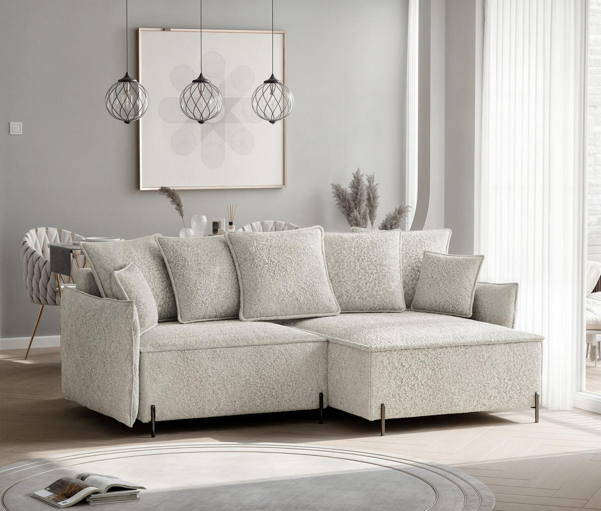 ECKSOFA MARCO Rechts, mit Schlaffunktion und Bettkasten, Creme - Creme, Textil/Metall (221/148cm) - Idohome