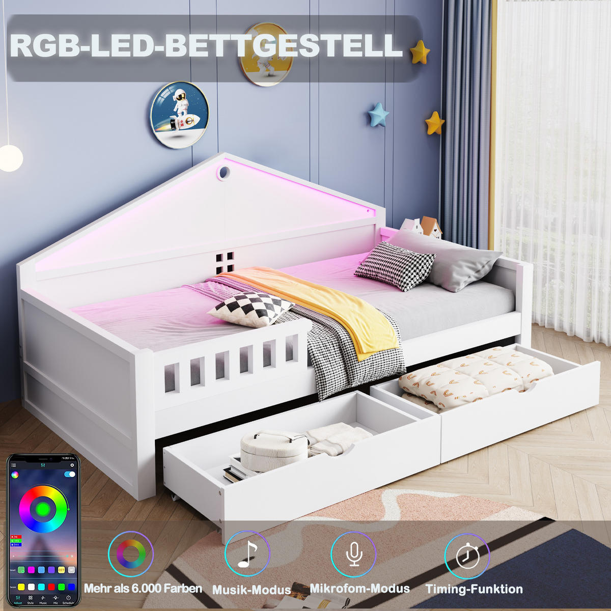 KINDERBETT 90/200 cm in Weiß mit 2 Schubladen und LED - Weiß, Holz/Holzwerkstoff (90/200cm) - WISHDOR