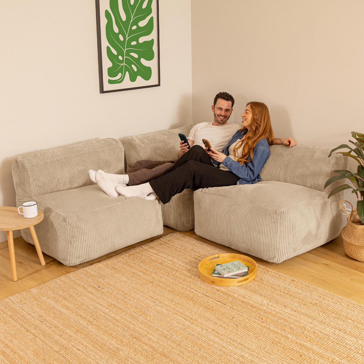 SITZSACK-SOFA 3-tlg. ZEN: Ecksessel, 2 Sessel - Beige, Textil (290/68/100cm) - icon