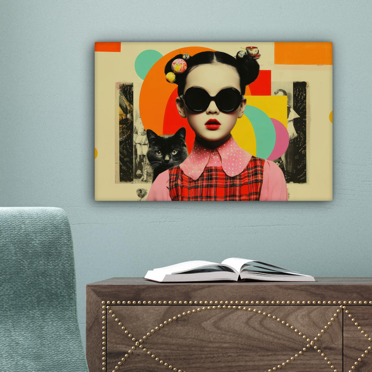 LEINWANDBILD Mädchen - Sonnenbrille - Katze - Retro Deko Schlafzimmer 30x20 cm - Beige, Textil (30/20cm) - MuchoWow