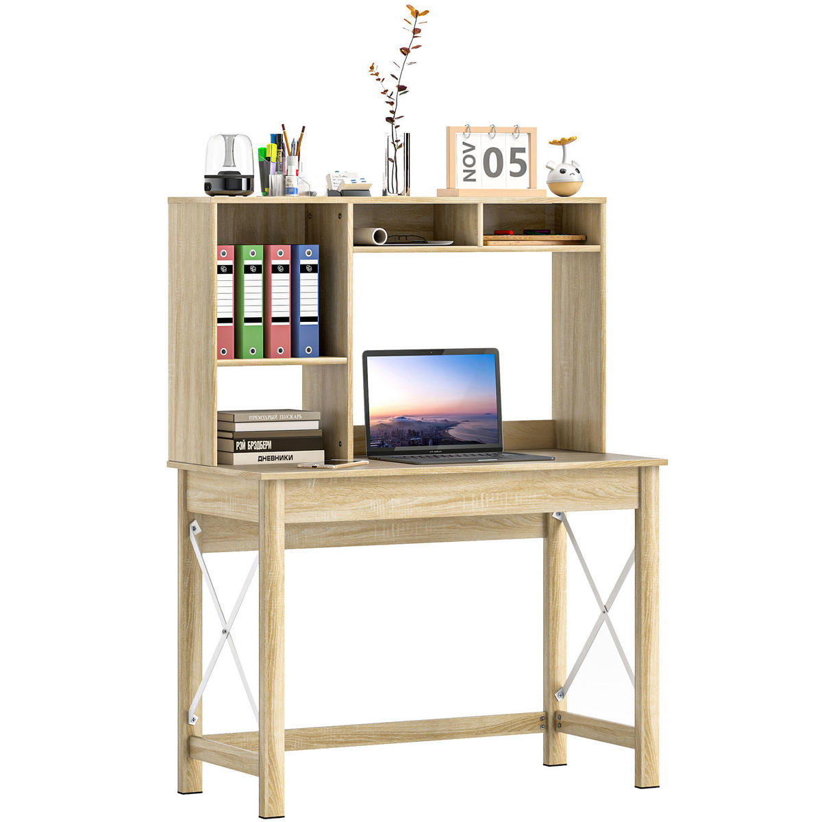 SCHREIBTISCH Eichenoptik mit integriertem Regal und Metallgestell 105/50/137,5 cm - Eichefarben, Holzwerkstoff (50/105/137.5cm) - PANGIVO