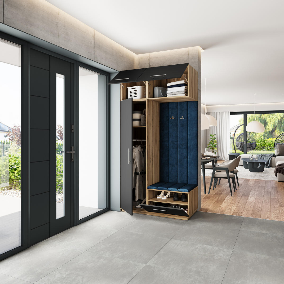 GARDEROBENSCHRANK REMA 120/240/60 cm Modern Garderobe-Set Eiche Wotan - Blau/Eiche Wotan, Holzwerkstoff (120/240/60cm) - MASSENO