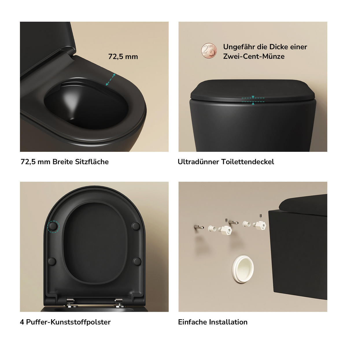 WAND-WC Spülrandlose CT02 49/37 cm Matt Schwarz - Schwarz, Keramik (37/36/49cm) - EMKE