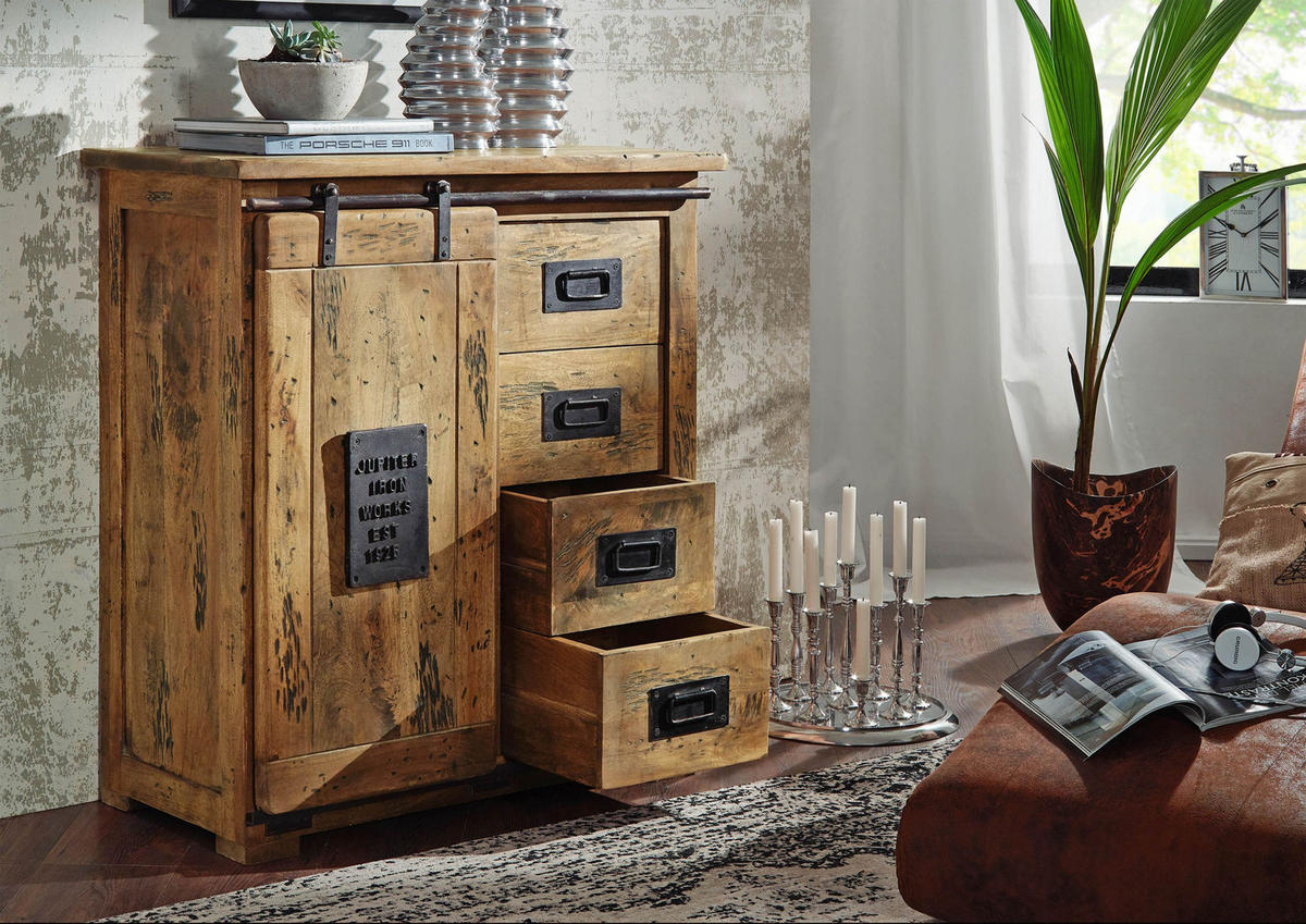 KOMMODE Mango 90x45x100 natur lackiert RAILWAY #103 - Braun, Holz (90/100/45cm) - Massivmoebel24