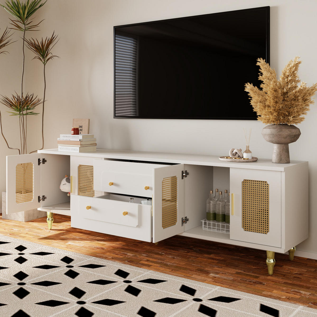 TV-SCHRANK Lowboard Retro-Stil goldene Griffe viel Stauraum Rattantür Weiß - Weiß, Holz (47/25.5/66.5cm) - FLIEKS