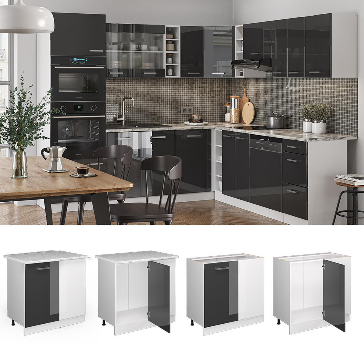 ECKUNTERSCHRANK R-Line Anthrazit Hochglanz 86 cm, AP Eiche - Anthrazit/Weiß, Holzwerkstoff (86/81.6/60cm) - Vicco
