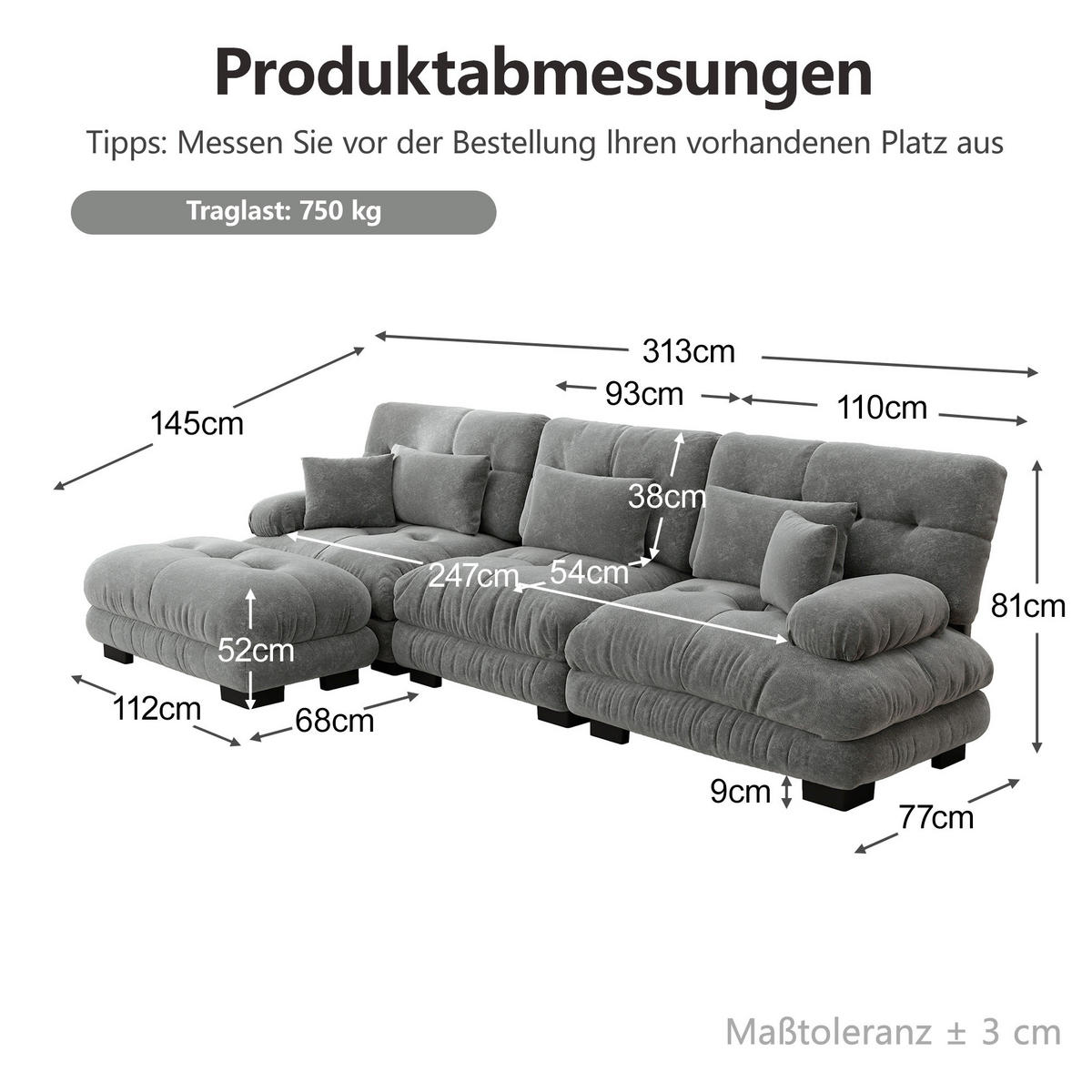 ECKSOFA 313/145/81 cm in Grau aus Chenille mit Ottomanen, modular und besonders bequem - Grau, Textil (145/313cm) - Flora Grace