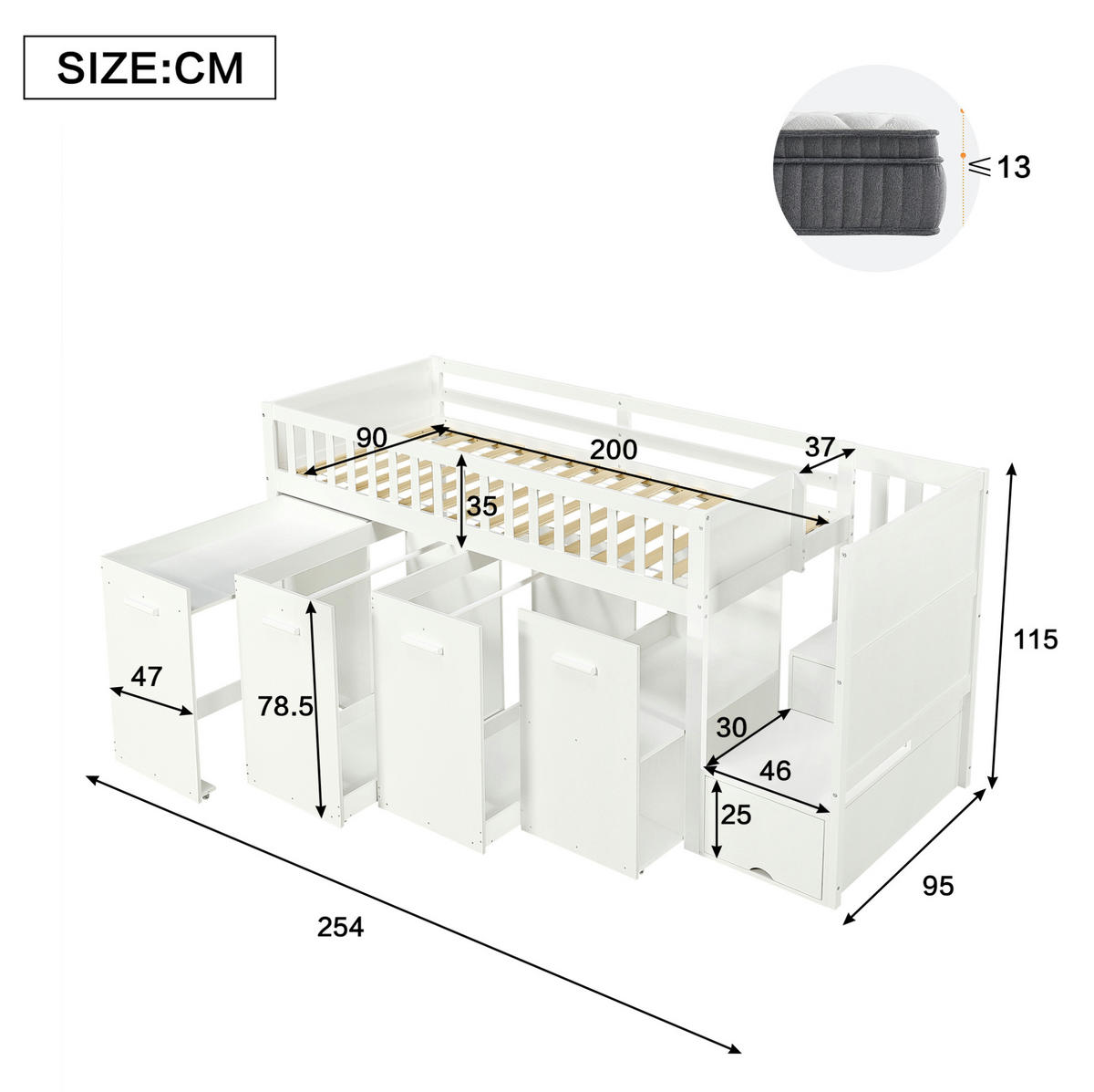 POSCHODOVÁ posteľ z dreva, 90/200 cm biela, s písacím stolom a úložným priestorom - biela, kompozitné drevo (90/200cm) - BEAOK