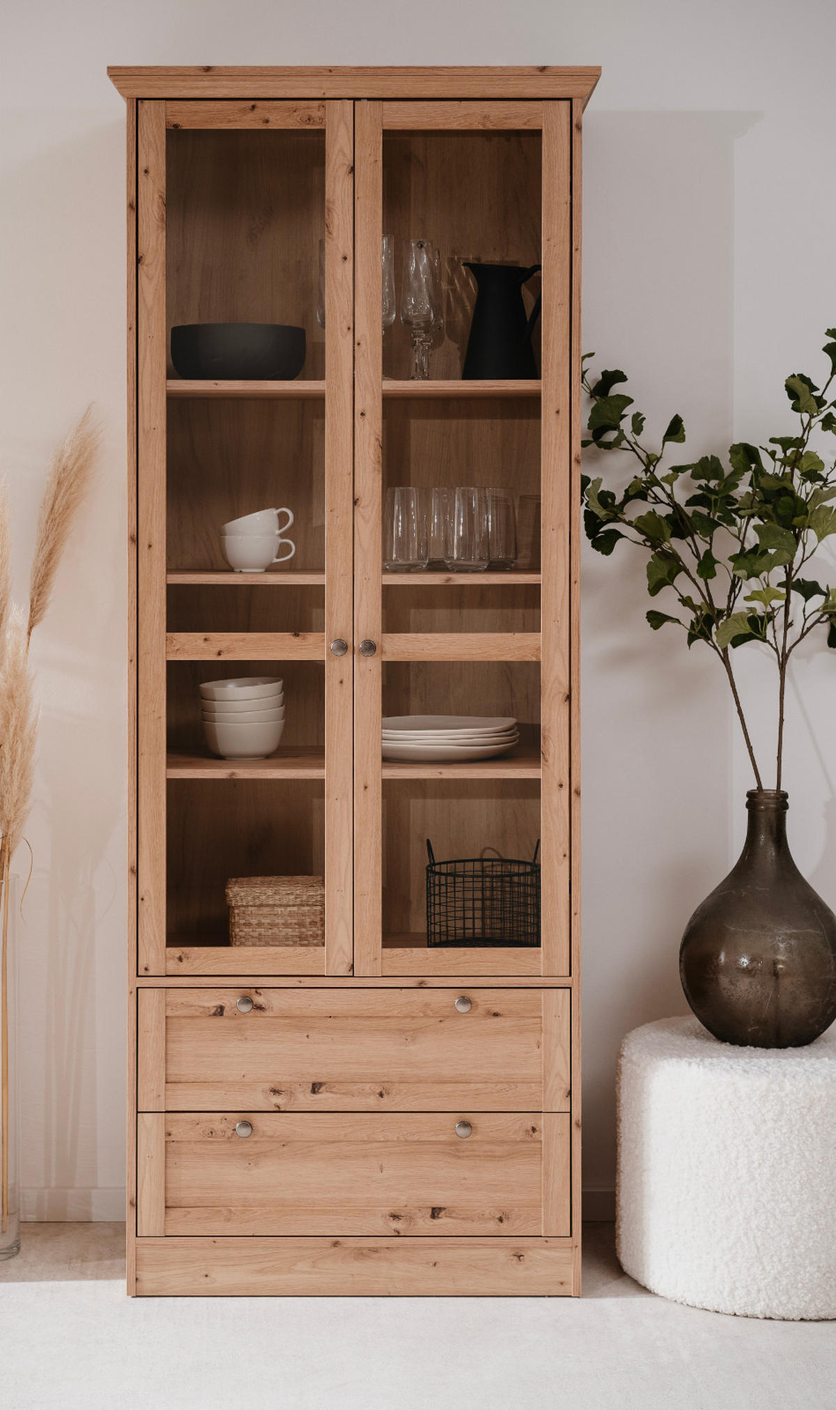 VITRINE Eiche Artisan 80 cm Landhaus, Vitrinenschrank mit viel Stauraum - Eichefarben/Silberfarben, Holzwerkstoff/Metall (80/200/39cm) - Furn.Design