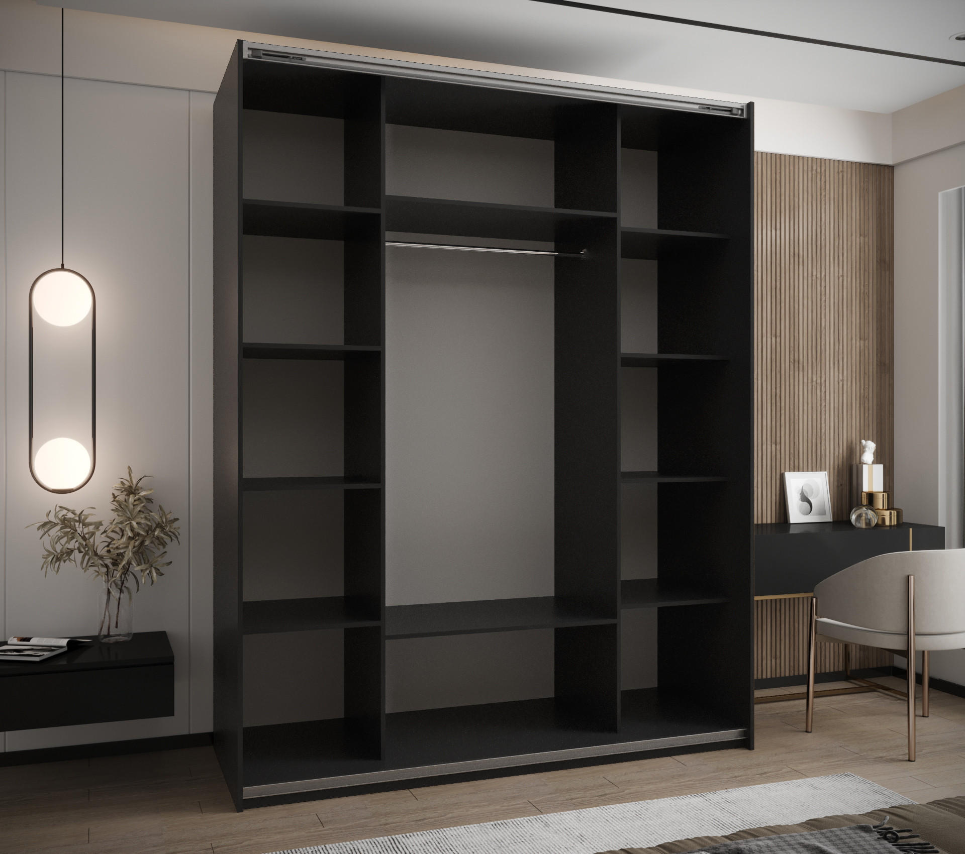Thumbnail - Abiks Möbel Schwebetürenschrank, Schwarz, Weiß, Gold, Metall, Nachbildung, 10 Fächer, 190x245x64 cm, Schlafzimmer, Kleid...