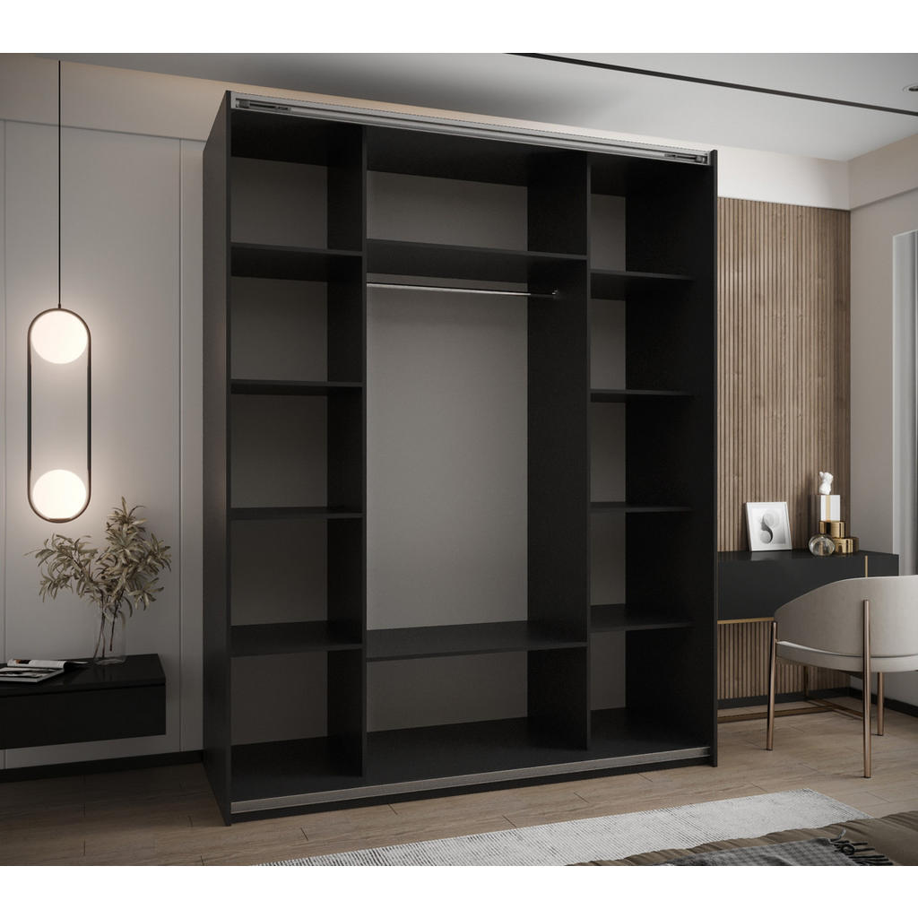 Thumbnail - Abiks Möbel Schwebetürenschrank, Schwarz, Eiche Artisan, Silber, Metall, Nachbildung, 10 Fächer, 200x245x64 cm, Schlafzi...
