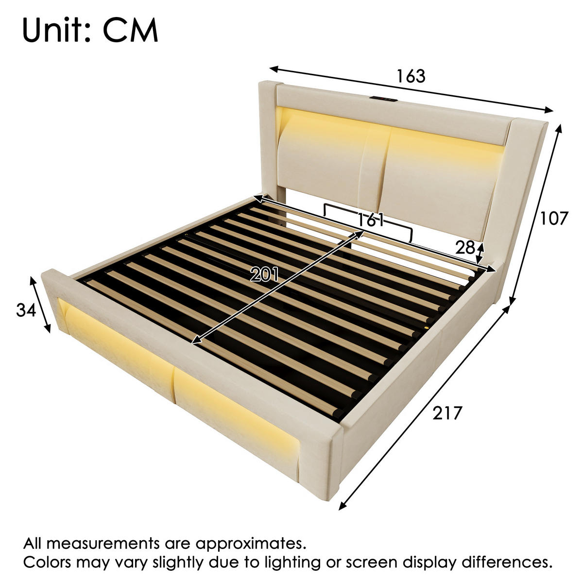 BETT mit Stauraum und LED 160x200 cm Samt Beige - Beige, Metall (160/200cm) - Meubliv