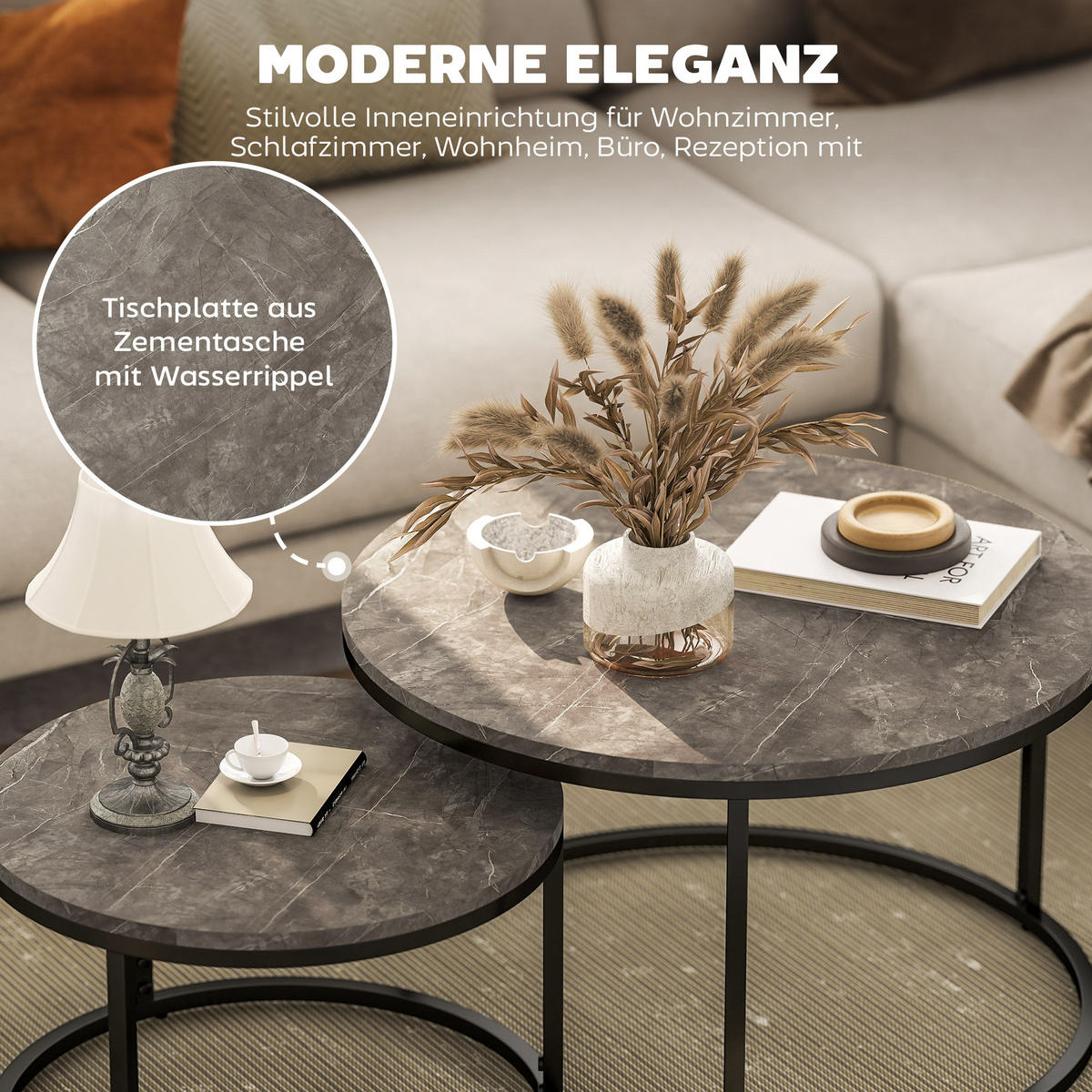 COUCHTISCH rund 2er Set Satztisch mit Metallrahmen, Marmoroptik Grau - Dunkelgrau/Schwarz, Holzwerkstoff/Metall (78.5/78.5/46.5cm) - HOMCOM