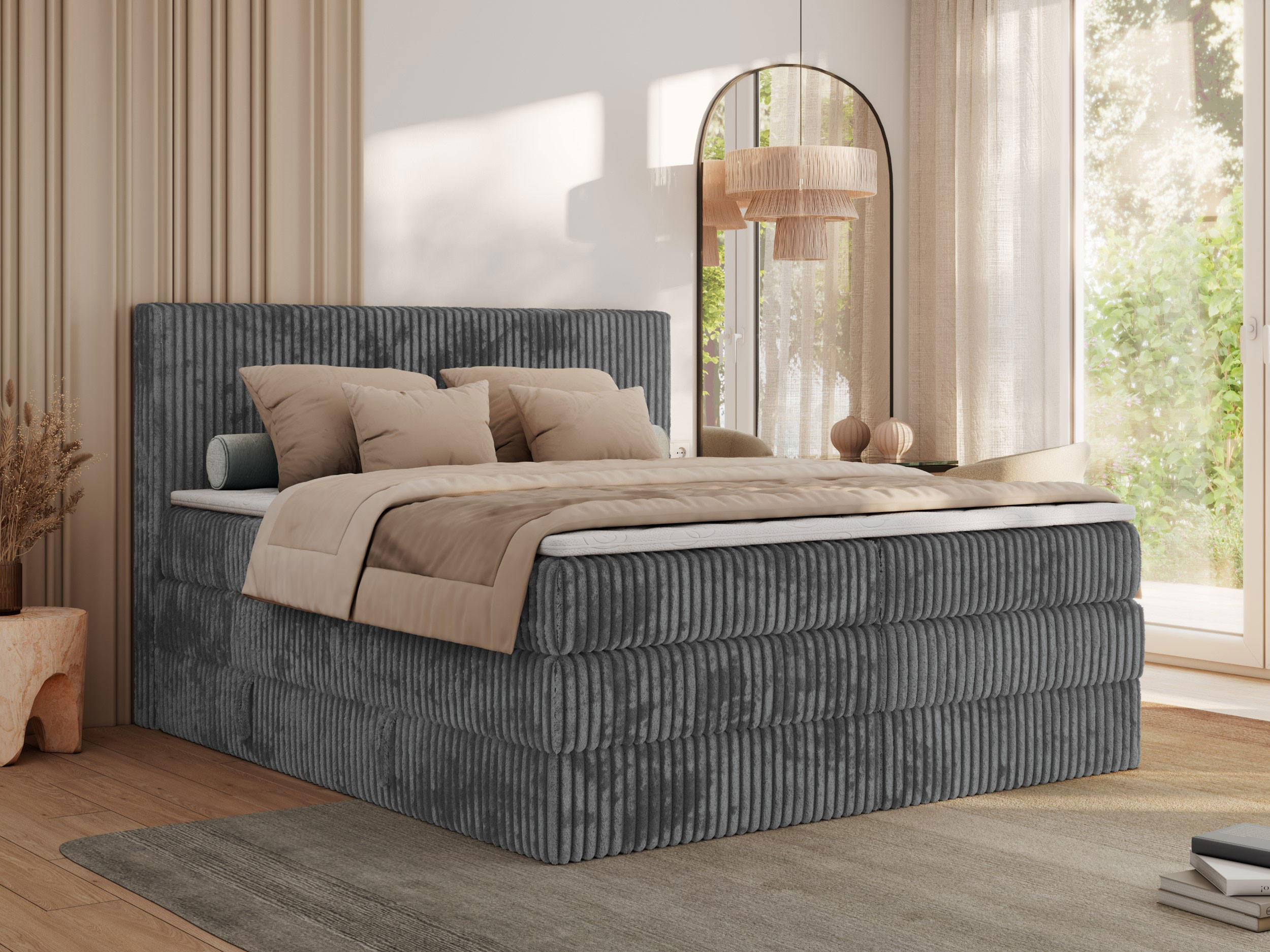 BOXSPRINGBETT TILIANO KING - 200/200 - Grau Cord - H3 - Grau, Holz/Textil (200/200cm) - MKS
