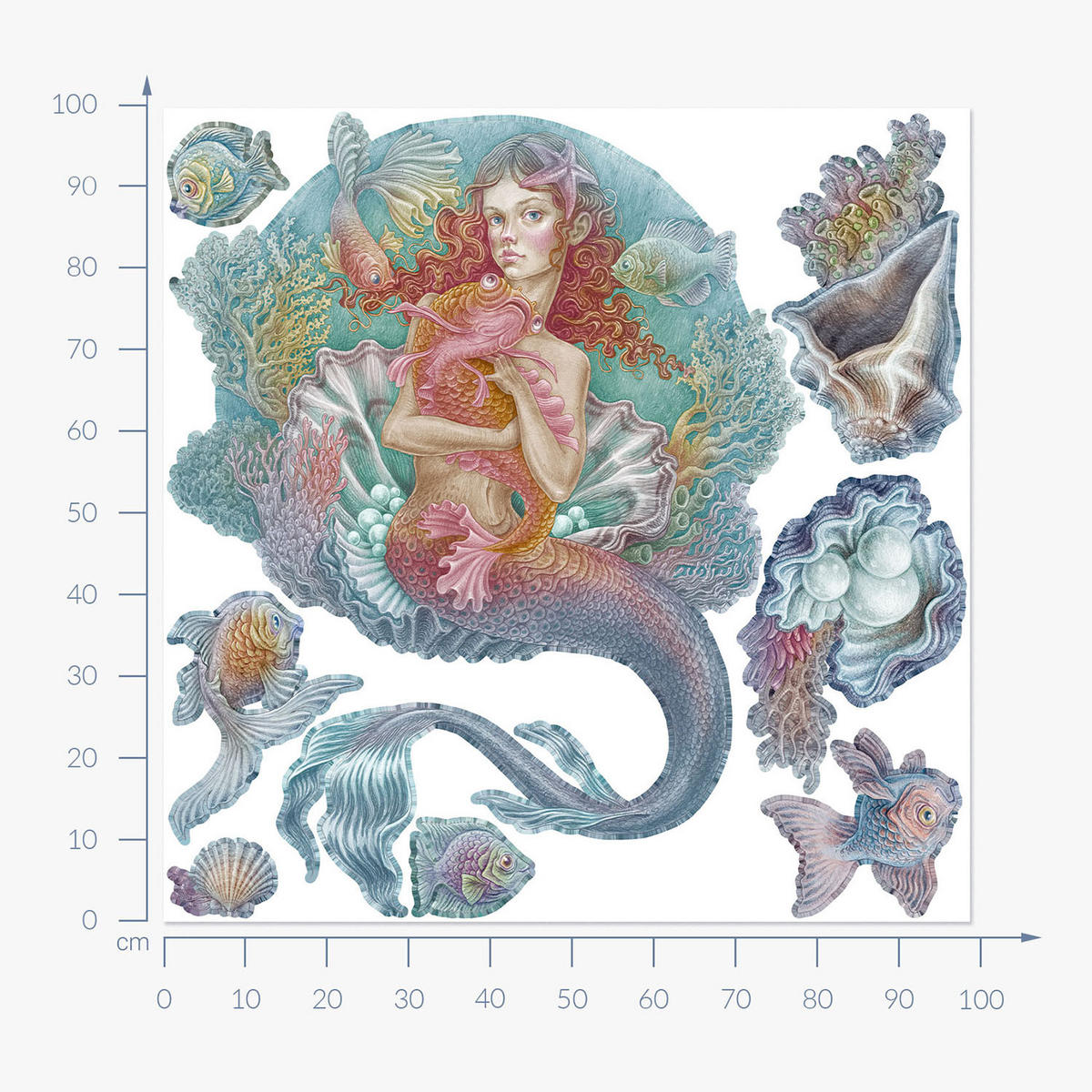 WANDAUFKLEBER 100x99cm - Meerjungfrauen-Zeichentrickwelt - Multicolor, Kunststoff (100/99/0.1cm) - Wallfluent