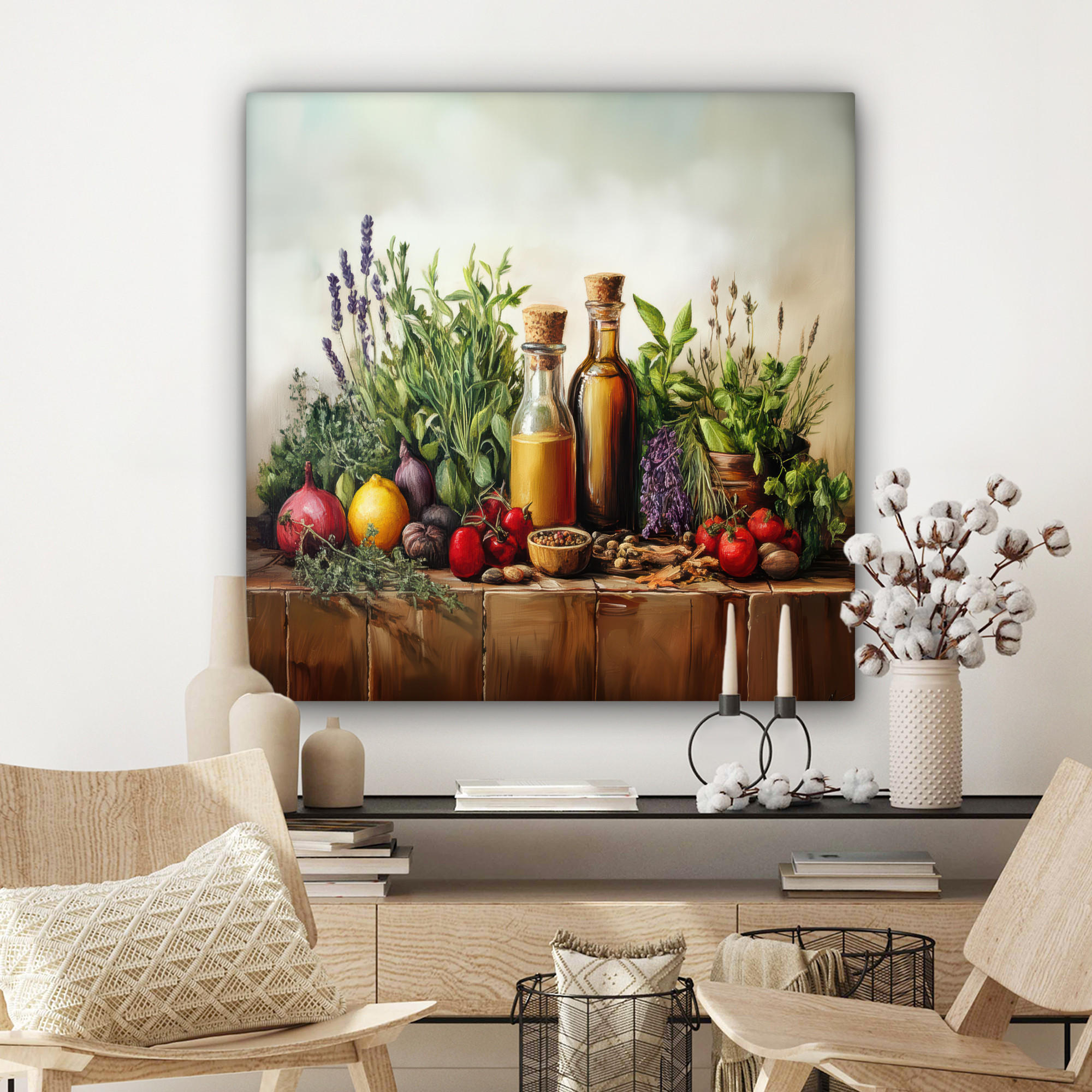 LEINWANDBILD Stilleben - Kräuter - Gewürze - Früchte - Farbenfroh 90x90 cm - Grün, Textil (90/90cm) - MuchoWow