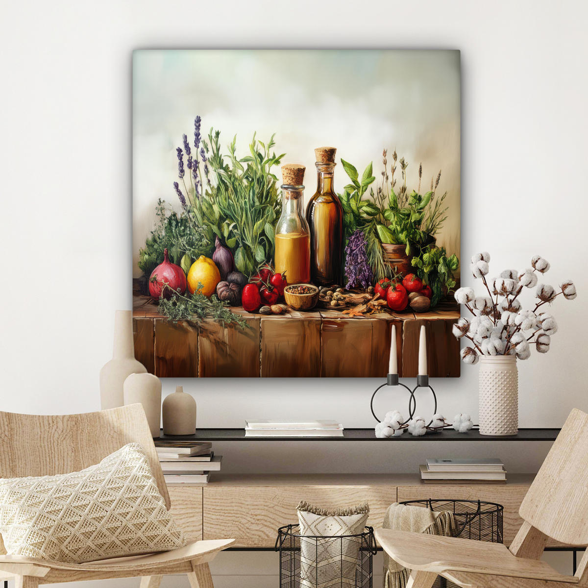 LEINWANDBILD Stilleben - Kräuter - Gewürze - Früchte - Farbenfroh 90x90 cm - Grün, Textil (90/90cm) - MuchoWow