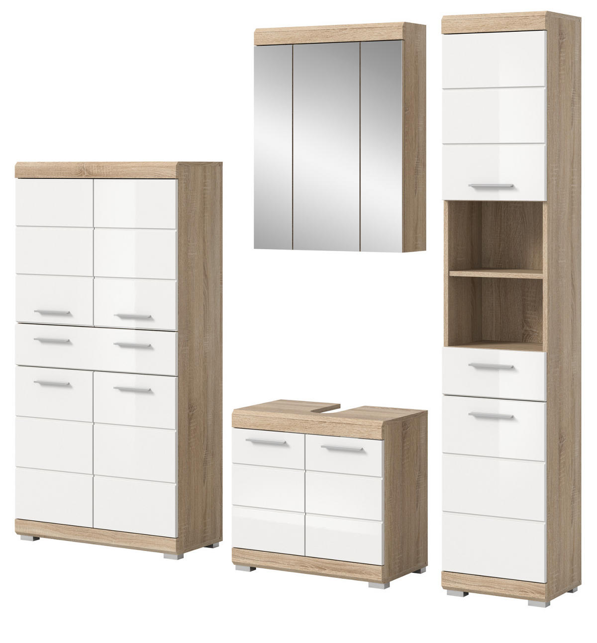 BADMÖBEL-SET weiß Hochglanz, Eiche 4-teilig 186 cm, viel Stauraum - Weiß Hochglanz/Eichefarben, Holzwerkstoff (186/191/34cm) - Inn.Furn