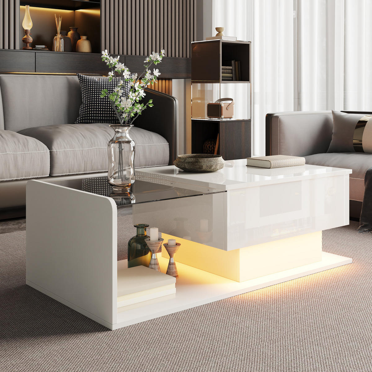 KONFERENČNÍ stolek, 100/50/33-47,5 cm bílý, s výškově nastavitelnou deskou a LED - bílá, kompozitní dřevo (100/50/47.5cm) - BEAOK