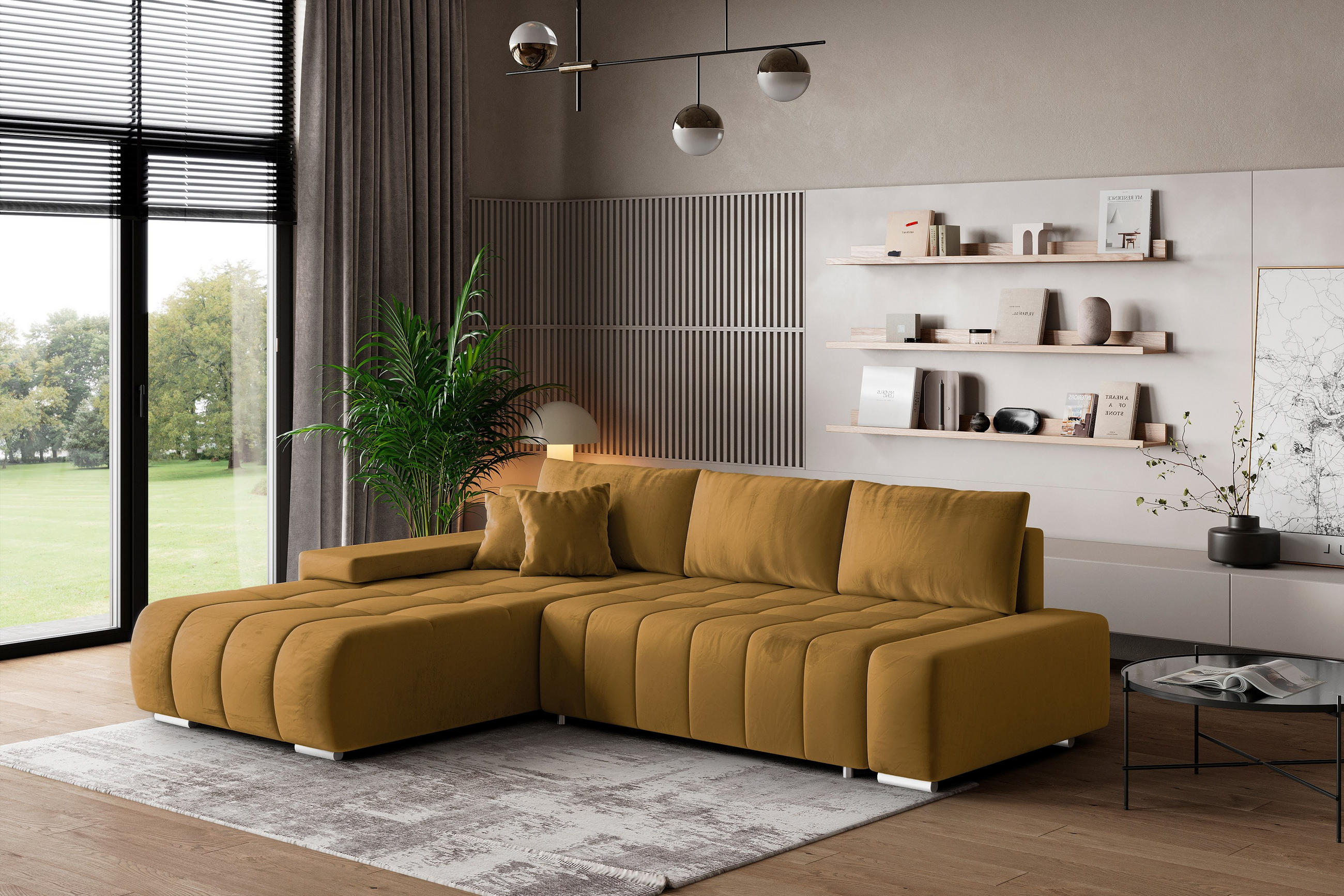 ECKSOFA ALESE L-S Gelb Velours-Stoff mit Schlaffunktion - Gelb, Holz (265/185cm) - MASSENO