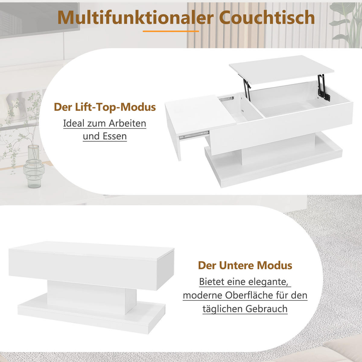 COUCHTISCH in Weiß Hochglanz-Lift-Teetisch mit LED-Beleuchtung für Wohnzimmer, B100/T50/H45cm - Weiß, Holzwerkstoff/Metall (50/100/45cm) - STILVORA