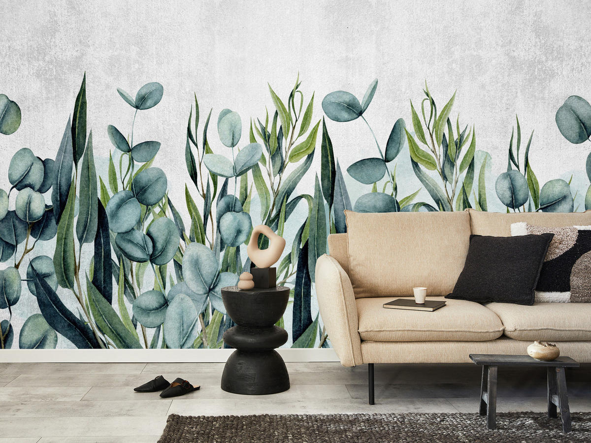 FOTOTAPETE für Wohnzimmer Blätter Beton Aquarell 400x280 - Grau/Grün, Papier (400/280cm) - Muralo