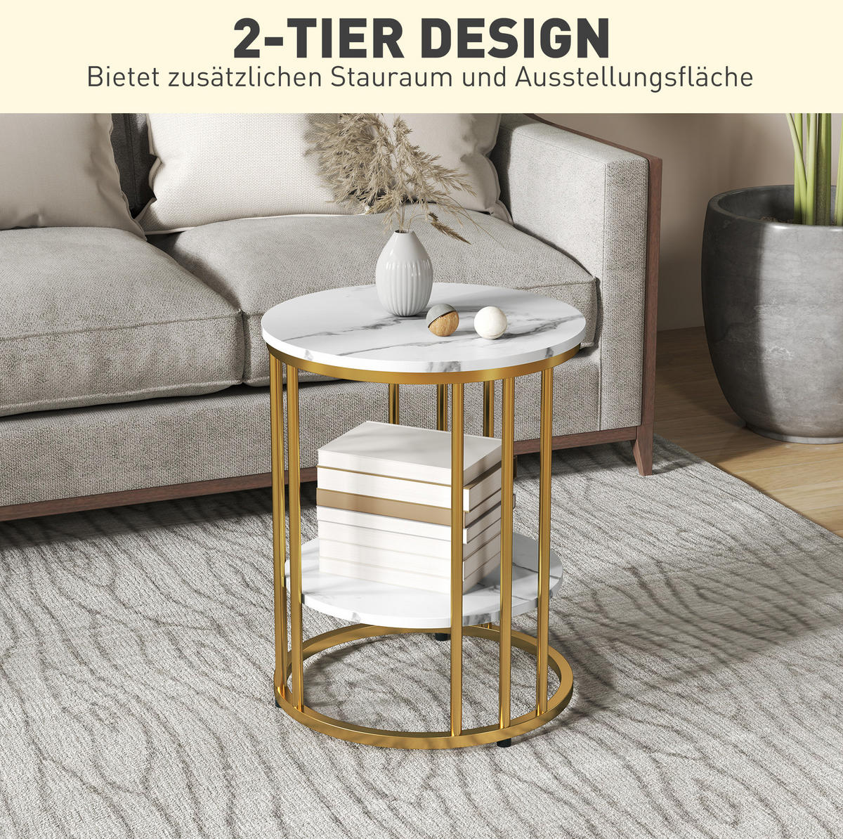 COUCHTISCH-SET 45/45/55 cm rund mit Ablagefach in Marmoroptik und Metallgestell, Weiß - Weiß, Holzwerkstoff (45/45/55cm) - Redom