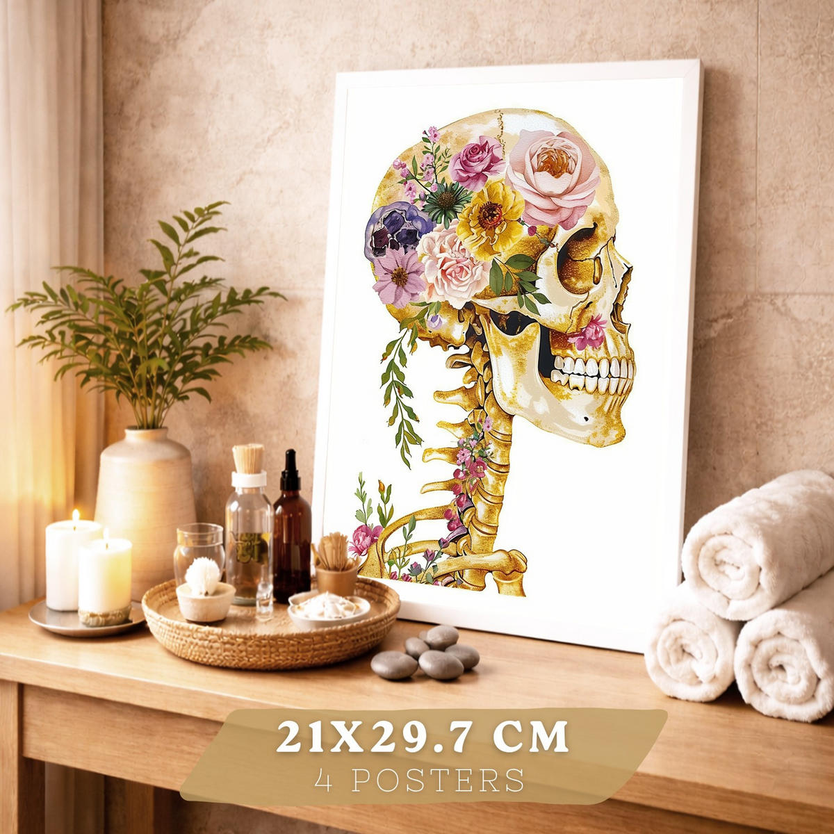 POSTER Set aus 4 Anatomie Mensch Drucke und Wandbilder mit Schädel Skelett Herz und Goldene Lungen Medizinische Wanddekoration Größe Weißer Rahmen A4 - Weiß, Papier (21/29.7/3cm) - Nacnic