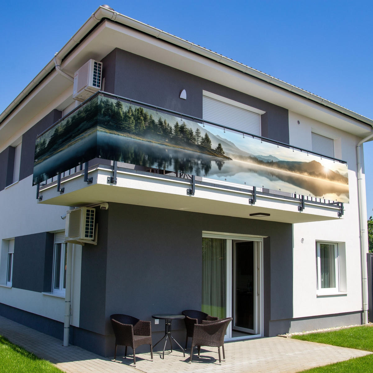 BALKON-SICHTSCHUTZ See - Nebel - Berge - Landschaft - Hellblau, Kunststoff (500/80cm) - MuchoWow