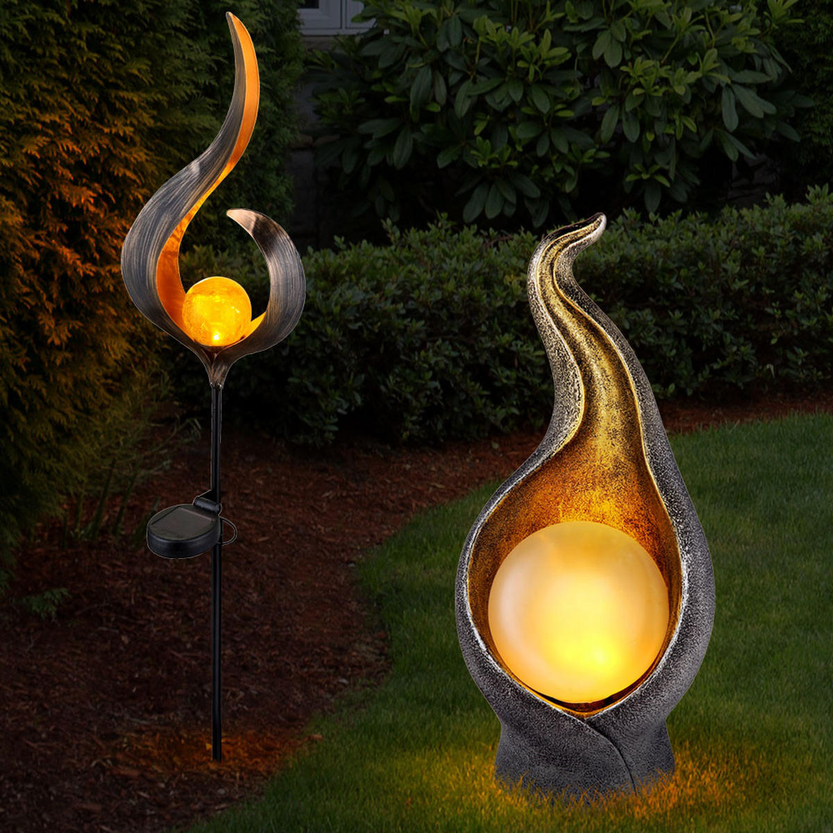 LED AUSSENLEUCHTE Bronze Solarlampe Flammenform 2er Set - Bronzefarben, Glas (16.7/6/90cm)