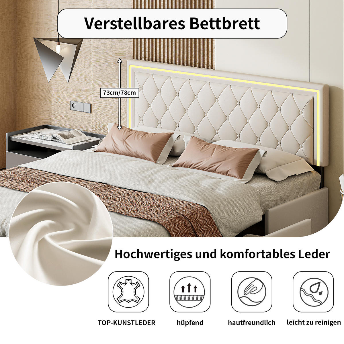POLSTERBETT 140x200 cm LED 4 Schubladen PU Leder beige - Beige, Holz (140/200cm) - LEBENLANG