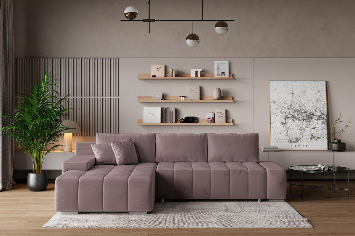 ECKSOFA ALESE L-S Lila Velours-Stoff mit Schlaffunktion - Lila, Holz (265/185cm) - MASSENO