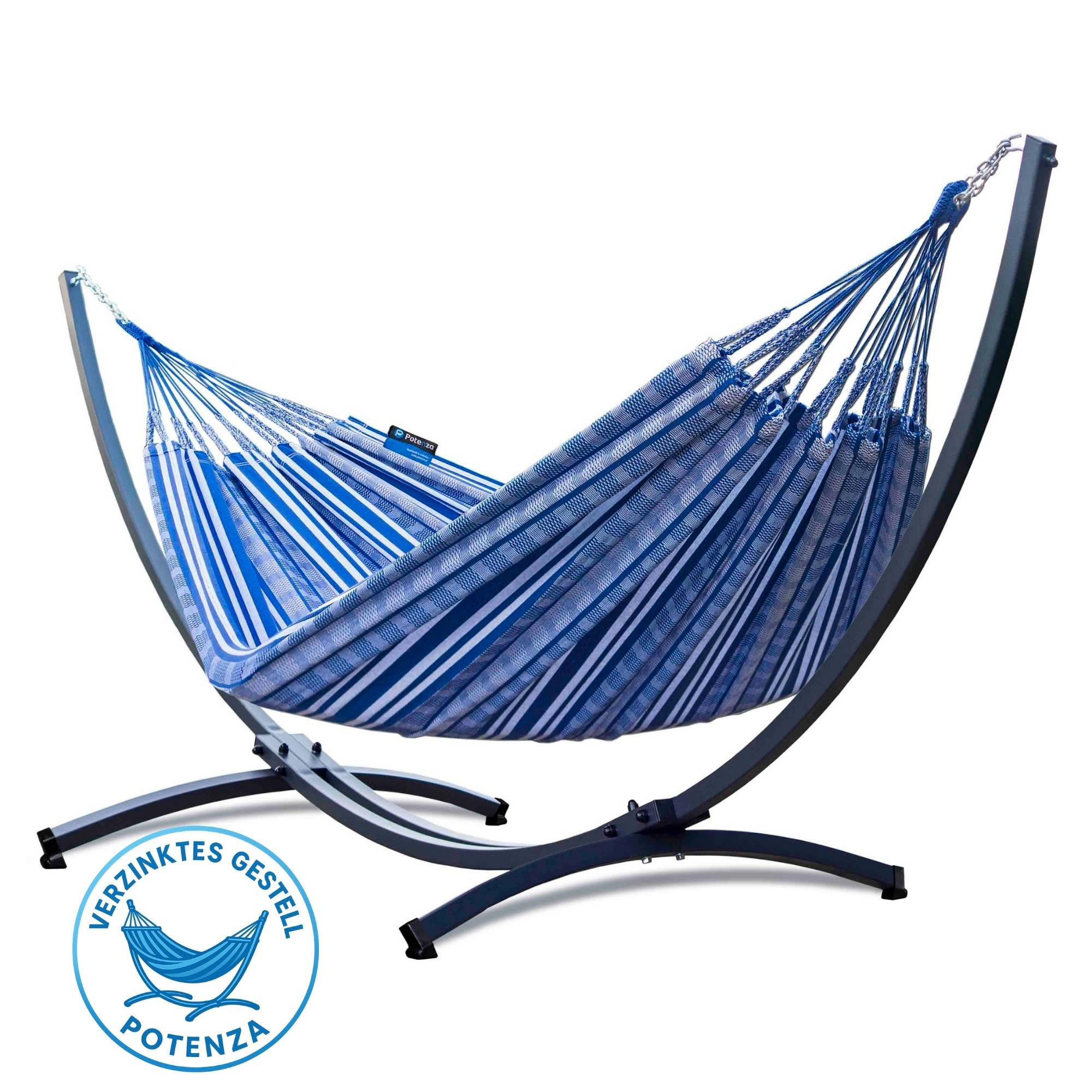 HÄNGEMATTE mit Verzinktem Gestell, 2 Personen, XXL, 200 kg, Metall, Pereira Blau, einfache Montage - Blau, Metall (370/130/120cm) - Potenza