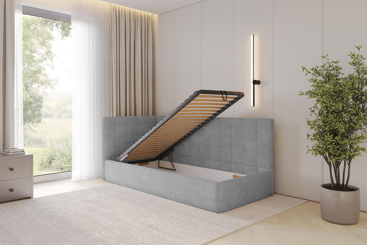 EINZELLBETT Jugendbett mit Bettkasten, Rechts - TULY 100x200 Grau - Silberfarben, Holzwerkstoff/Textil (100/200cm) - ALTDECOR